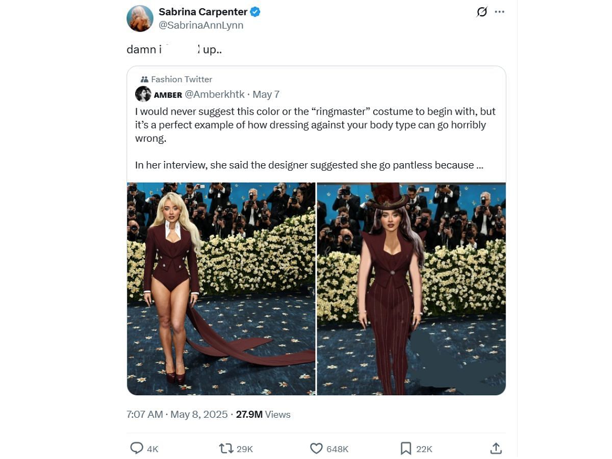Sabrina's response to an X user correcting her Met outfit (Image via X/ @SabrinaAnnLynn)